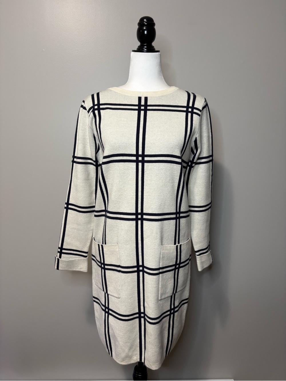 Eternelle Long Sleeve Windowpane Grid Knit Cream and Black Sweater Dress